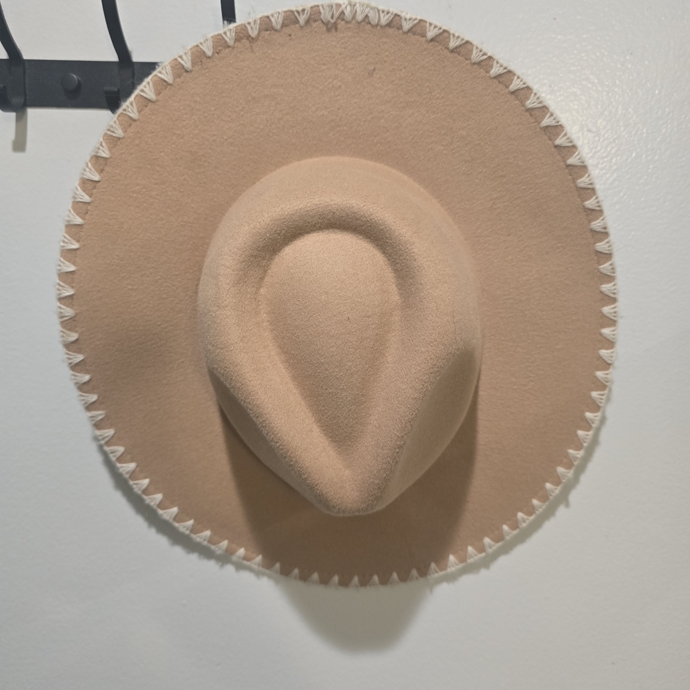 Stylish Tan Hat with White Stitching